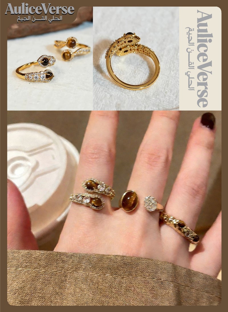 AuliceVerse valentines gift 3-Piece Lucky Tiger Eye Alloy Ring Set | Luxurious Arabic Style Stackable Rings | Perfect with Abaya & Kaftan | Ideal Ramadan & Eid Gift - Image 1